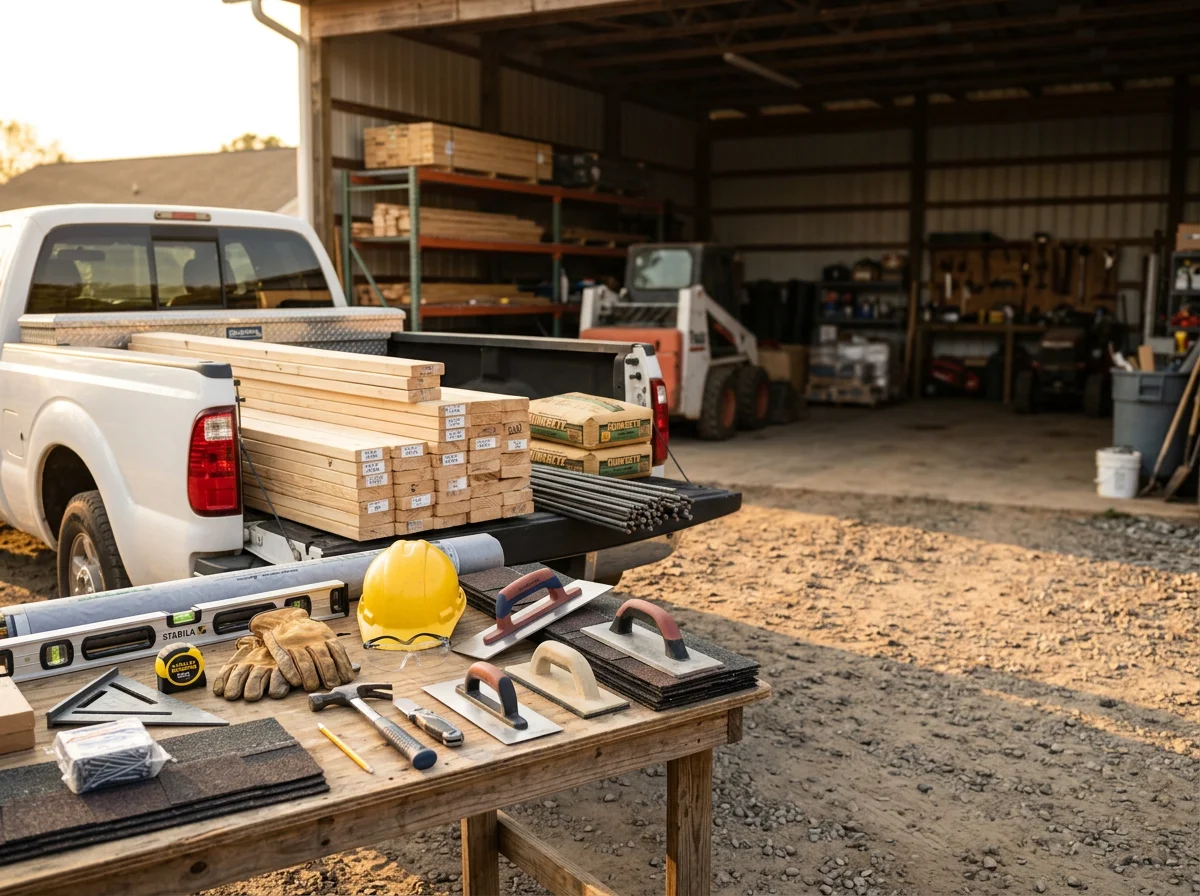 Construction crew and tools ready for residential project work, showcasing professional equipment and job site preparation.