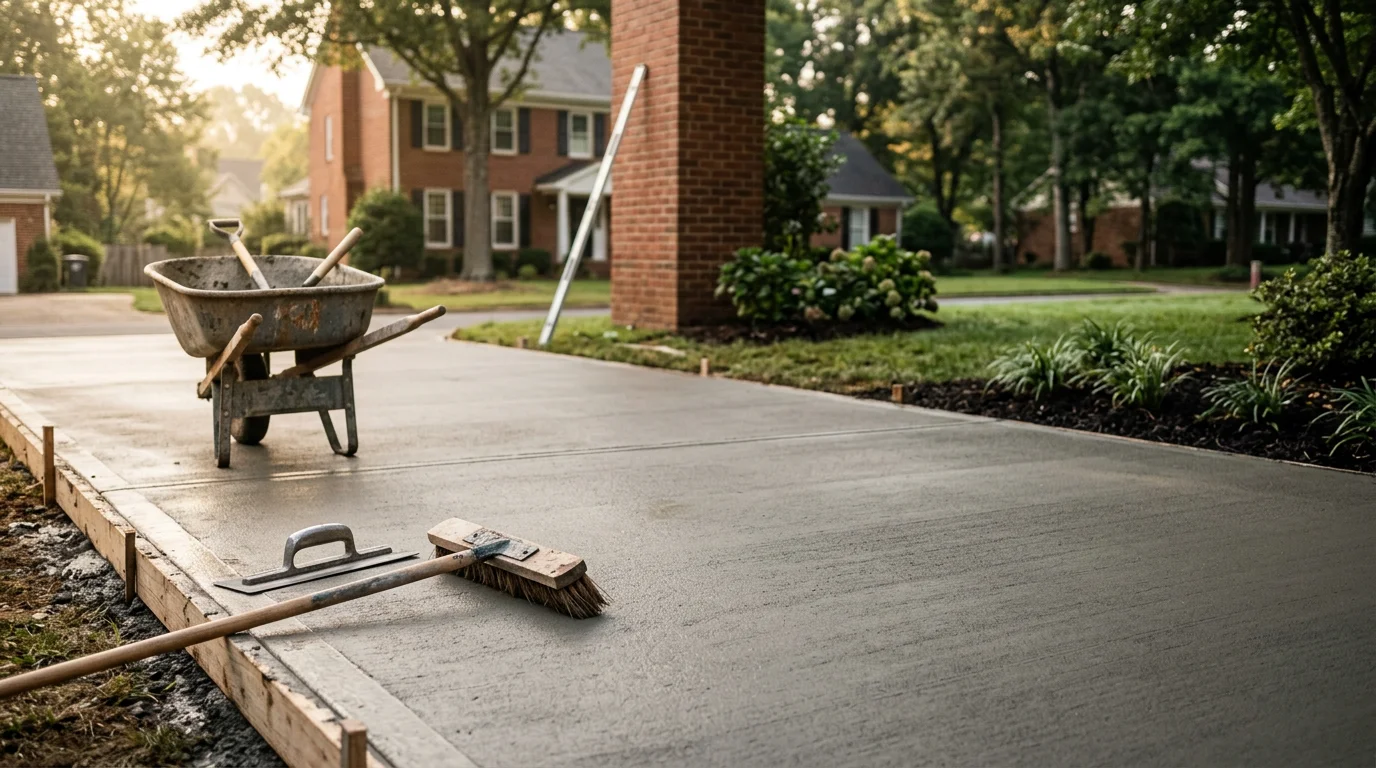 Concrete contractor finishing new driveway in Charlotte neighborhood