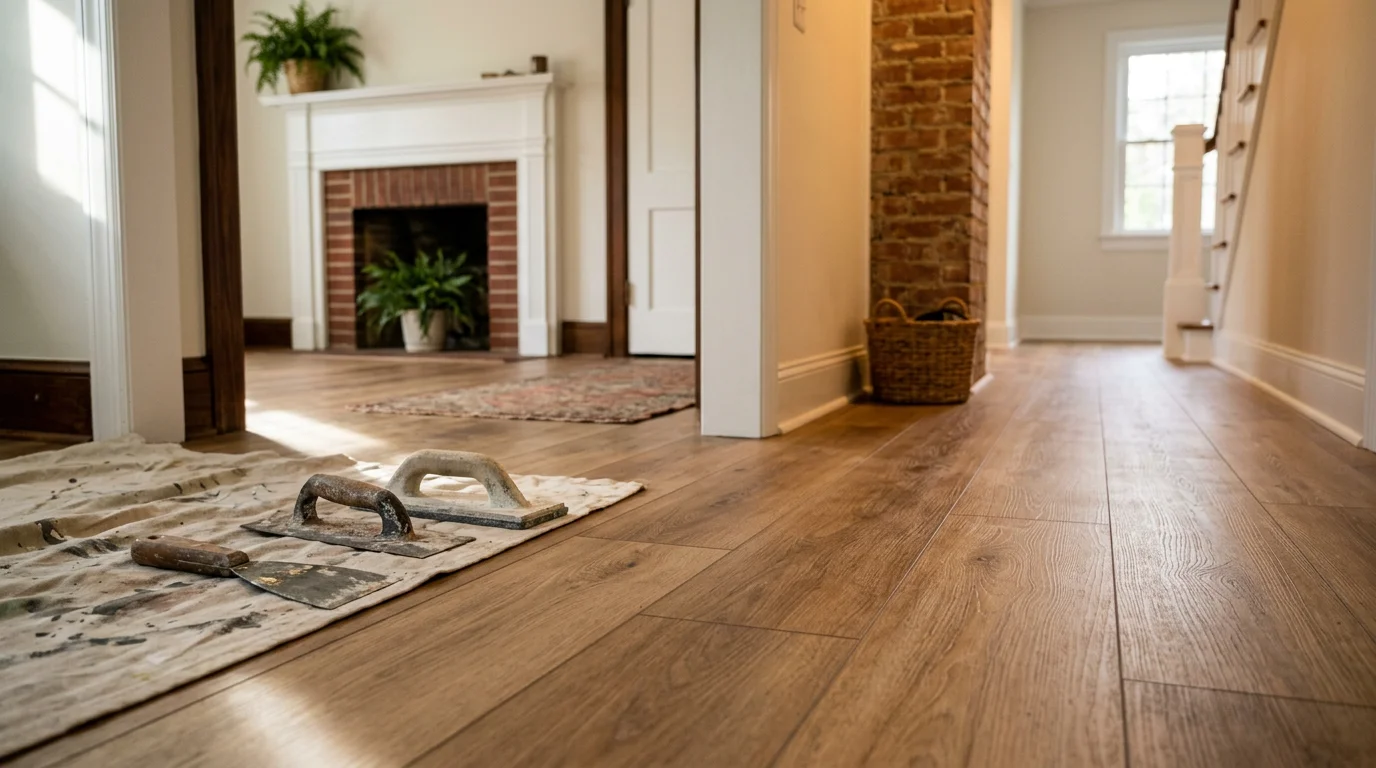 Flooring contractor installing new hardwood floor in Charlotte home