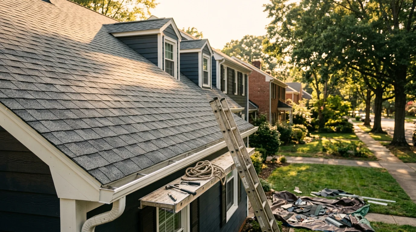 Roofing contractor installing new roof on Charlotte residential home