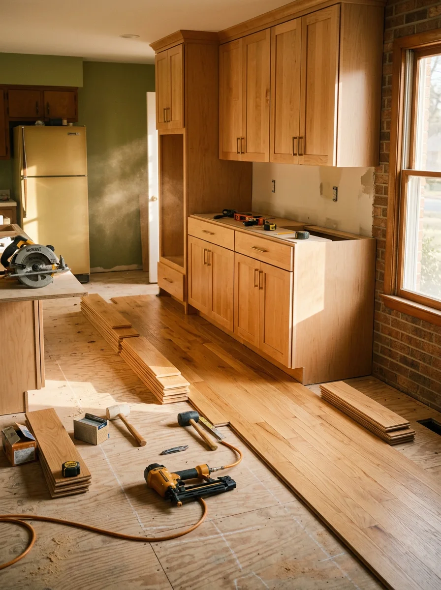A kitchen remodel in progress inside a 1970s South Charlotte home, showing new cabinet installation and hardwood flooring being laid over the original subfloor.