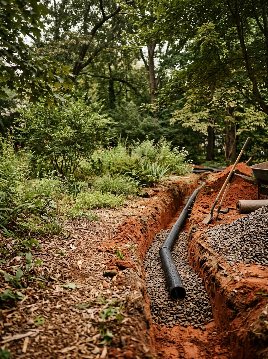 A French drain installation in a residential backyard in northeast Charlotte, showing perforated pipe in a gravel-filled trench cut through dense red clay soil.