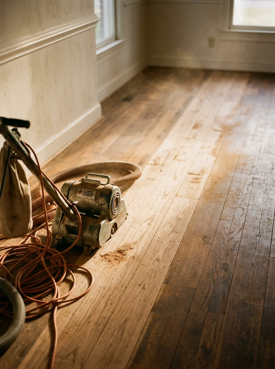 Original hardwood flooring being refinished inside a 1970s-era home in Charlotte's 28270 area, with sanding equipment and bare wood visible in a bright residential interior.