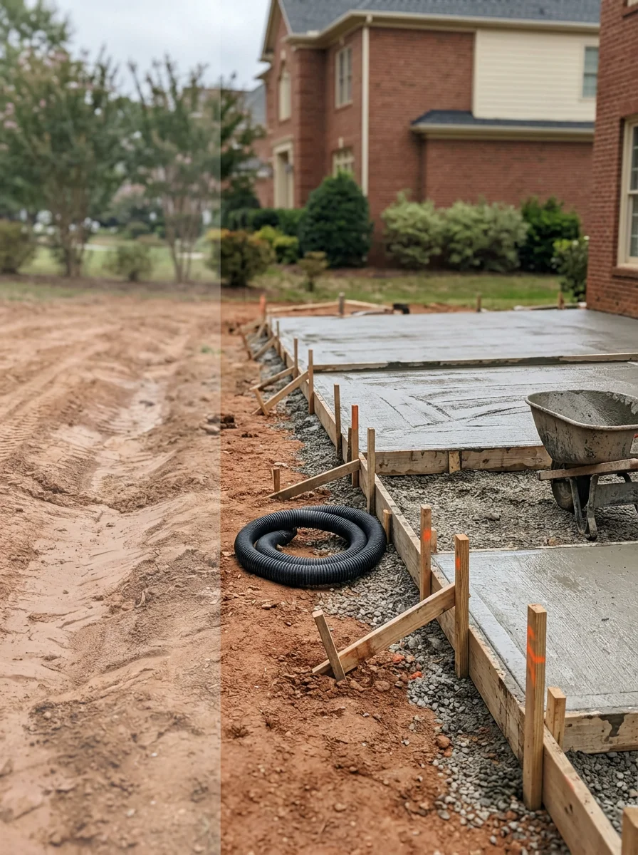 A new concrete patio being poured at a 2000s-era home in Charlotte's Steele Creek area, with the graded lot and drainage correction visible in the background.