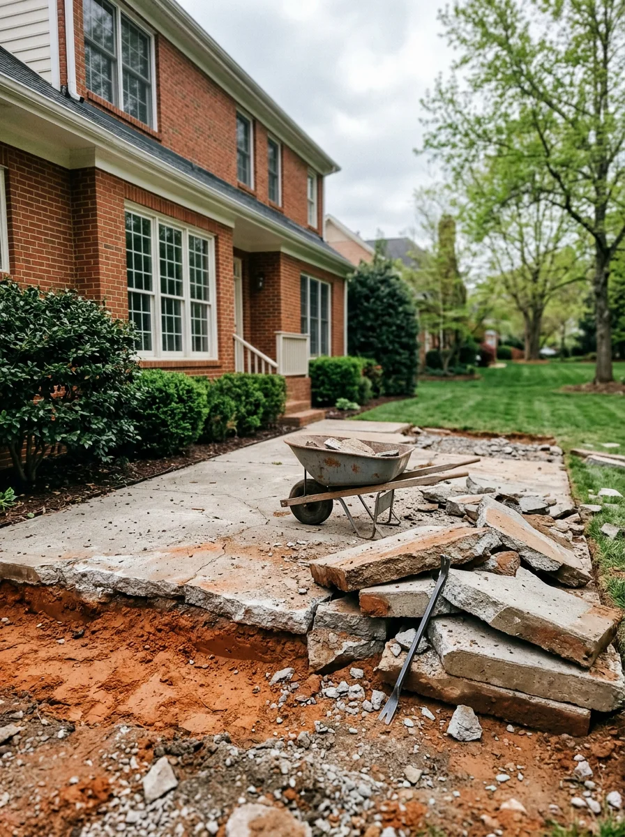 A cracked concrete patio being removed at a late-1990s Ballantyne home, with red clay soil visible beneath the broken slab sections.