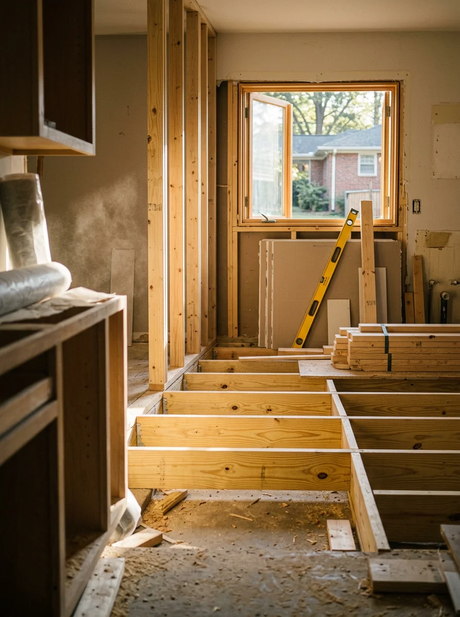 A residential kitchen remodel in progress in a Charlotte home, showing new framing and subfloor installation with construction materials staged nearby.