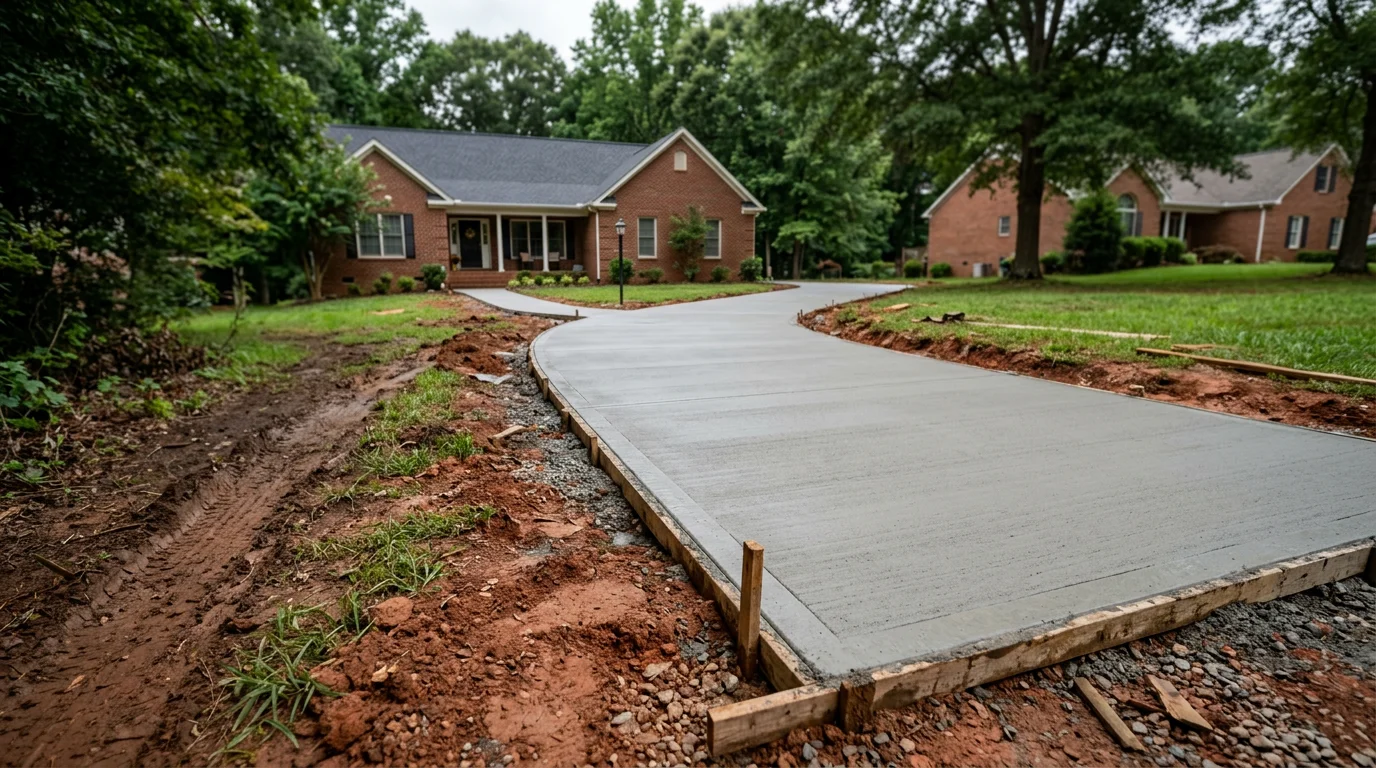 A concrete driveway and front walkway freshly poured at a single-family home in Charlotte, NC, with red clay soil visible at the edges of the graded lot.