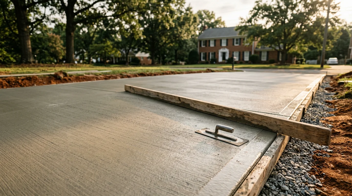 A freshly installed concrete driveway in front of a residential home in Charlotte, NC, with a smooth broom finish and clean edges. The slab runs from the street to the garage with visible expansion joints along the surface.