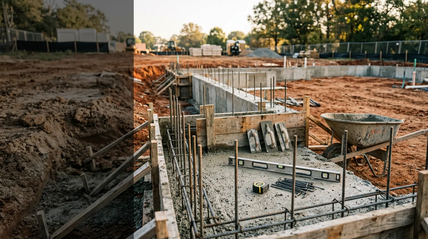 Freshly poured concrete foundation walls and footings at a residential construction site in Charlotte, NC. The surrounding red clay soil is visible, with formwork still in place along the perimeter.
