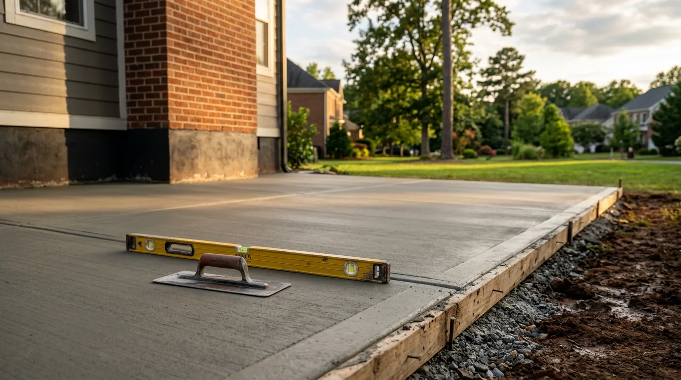 A freshly poured and finished concrete patio slab installed in a residential backyard in Charlotte, NC. The smooth surface is graded away from the home's foundation with clean formed edges.