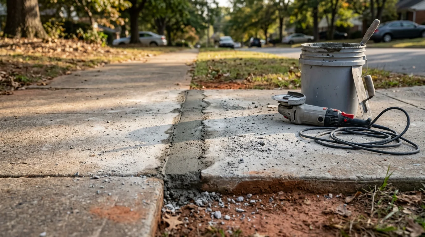 A repaired concrete walkway surface in a Charlotte, NC residential property, showing a smooth, crack-free finish alongside intact surrounding slabs. The repair blends cleanly with the existing concrete in a typical Charlotte neighborhood setting.