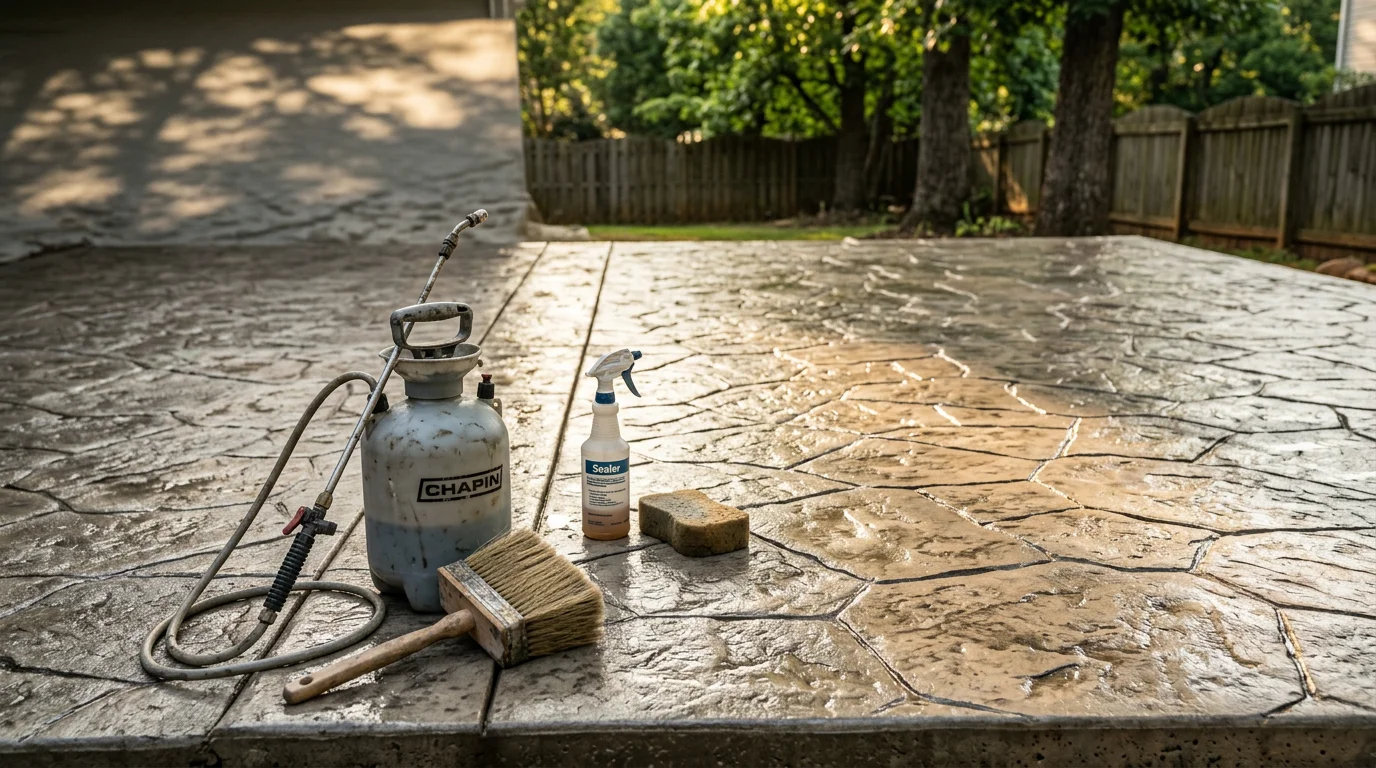 A freshly finished decorative concrete patio with a stamped stone pattern and sealed surface at a residential home in Charlotte, NC. The textured finish shows clean definition and consistent color across the full slab.