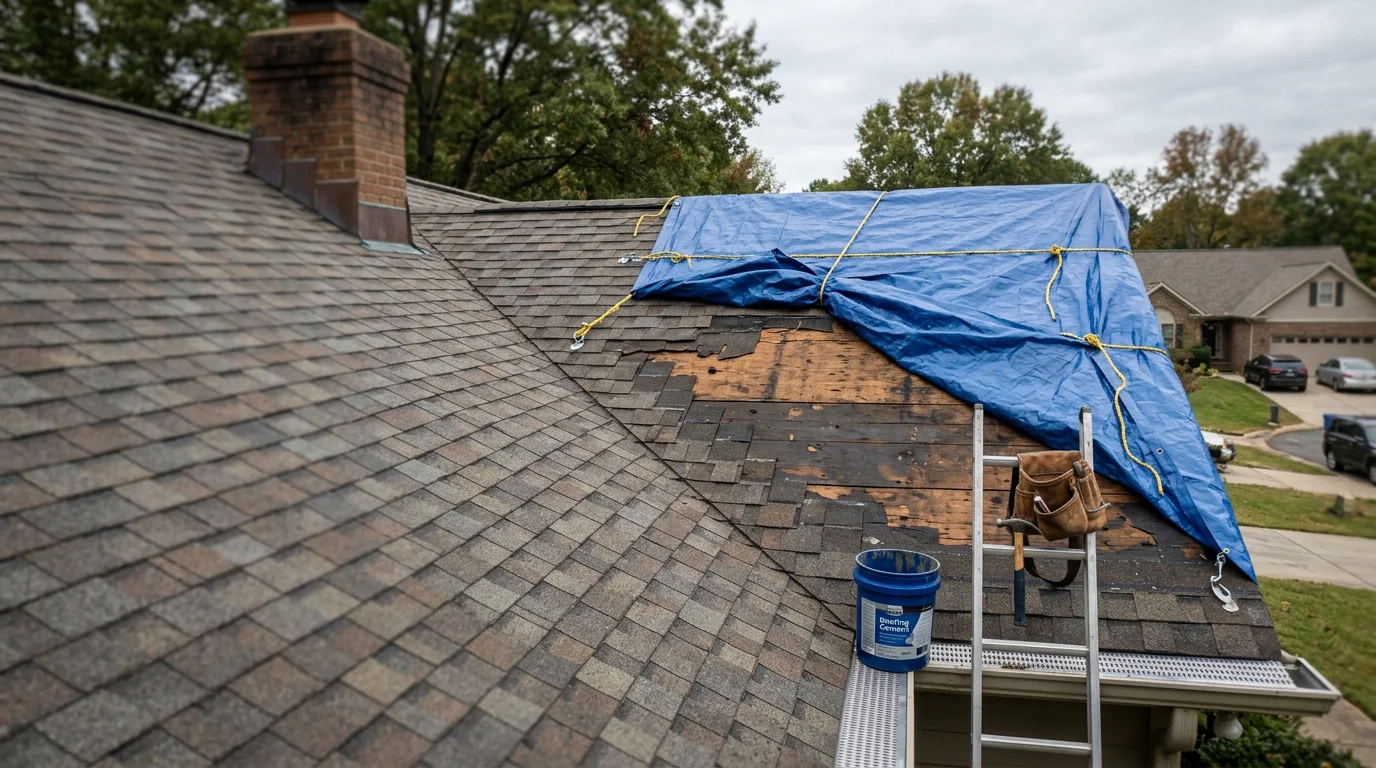 A Charlotte residential roof with storm damage being repaired by a roofing crew, showing patched decking and new shingles installed over an area where wind and debris caused an opening.
