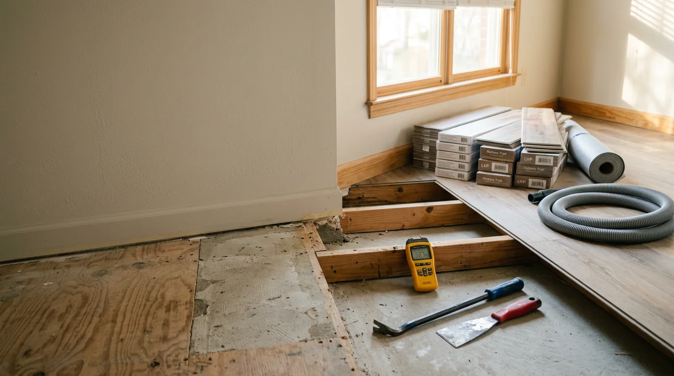 Freshly replaced flooring installed in a Charlotte home living room, showing clean new material laid across a fully cleared and prepared subfloor. A flooring contractor from Bilancio Construction works along the edge of the room to complete the installation.
