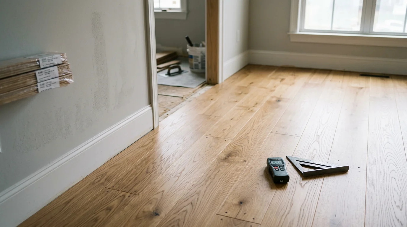 Newly installed hardwood flooring in a Charlotte, NC home, showing straight plank rows and a smooth finished surface in a residential living room. The floor runs wall to wall with clean edges and a natural wood grain pattern.