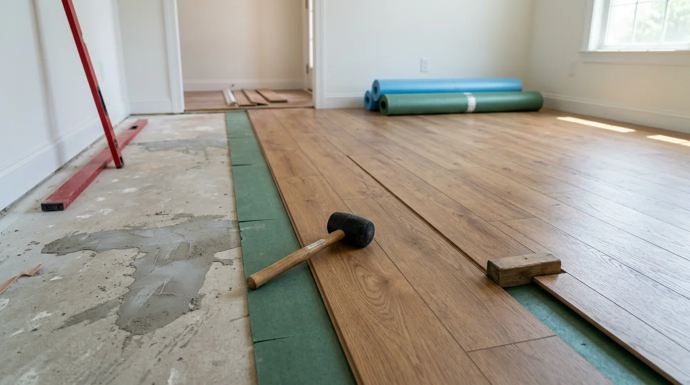 Freshly installed laminate flooring in a Charlotte home living room, showing tight plank seams and clean wall transitions. The floor runs across an open-plan space typical of residential builds in the 28277 and 28226 areas of Charlotte, NC.