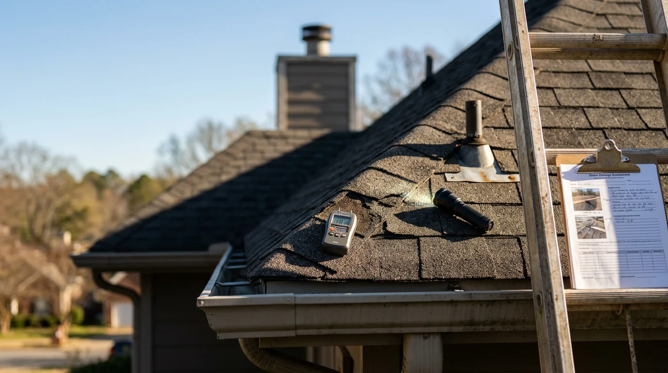 A Bilancio Construction roofer inspecting shingles and flashing on a residential roof in Charlotte, NC. Close-up view of the roof surface showing a detailed assessment in progress on a clear day.