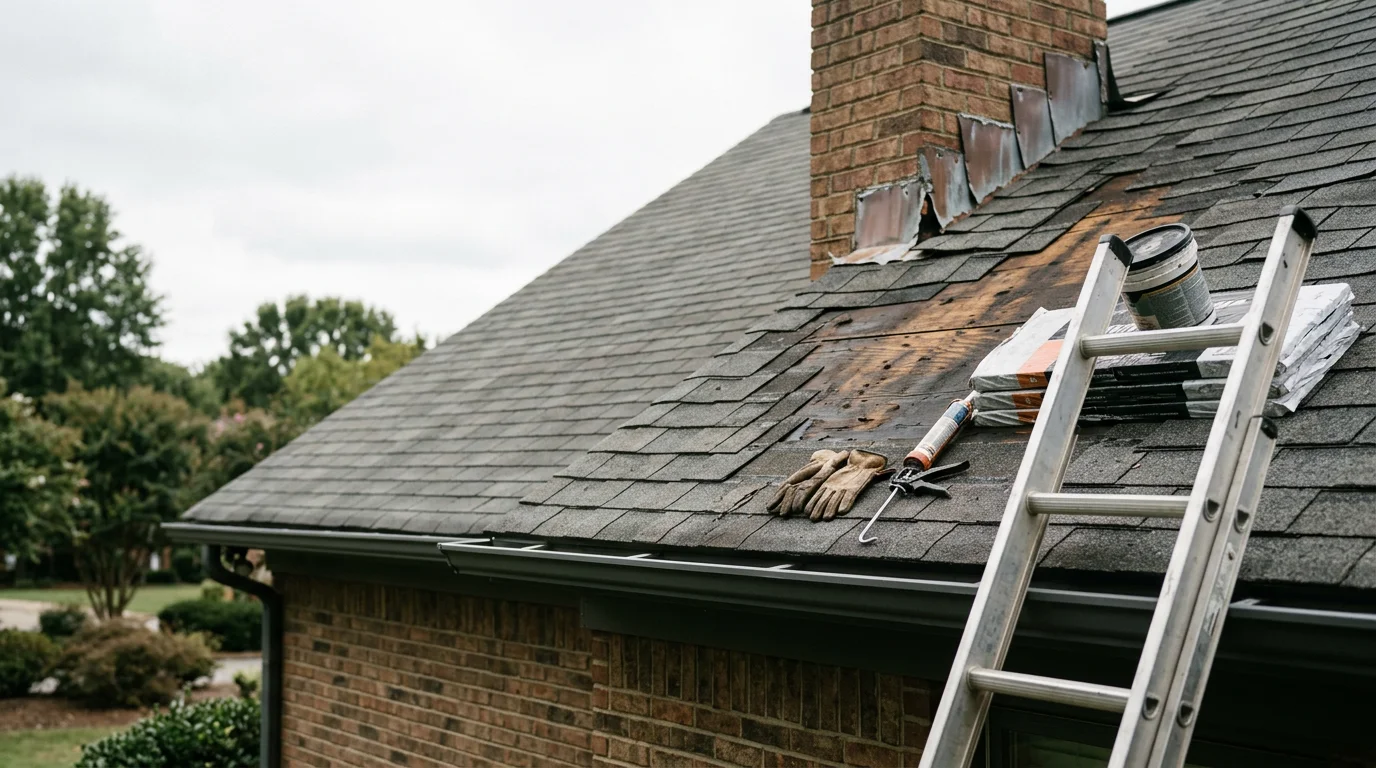A repaired residential roof in Charlotte, NC showing replaced shingles and sealed flashing around a chimney. The surrounding neighborhood reflects typical Charlotte suburban housing with mature tree cover.