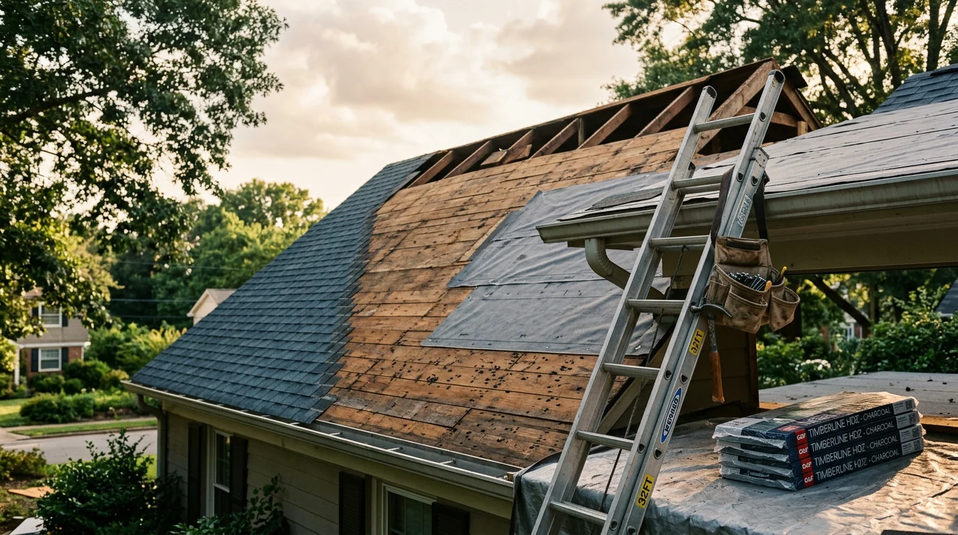 A newly completed roof replacement on a residential home in Charlotte, NC, showing clean roofing installation across the full surface of the house. The finished roof sits against a clear sky in a Charlotte neighborhood.