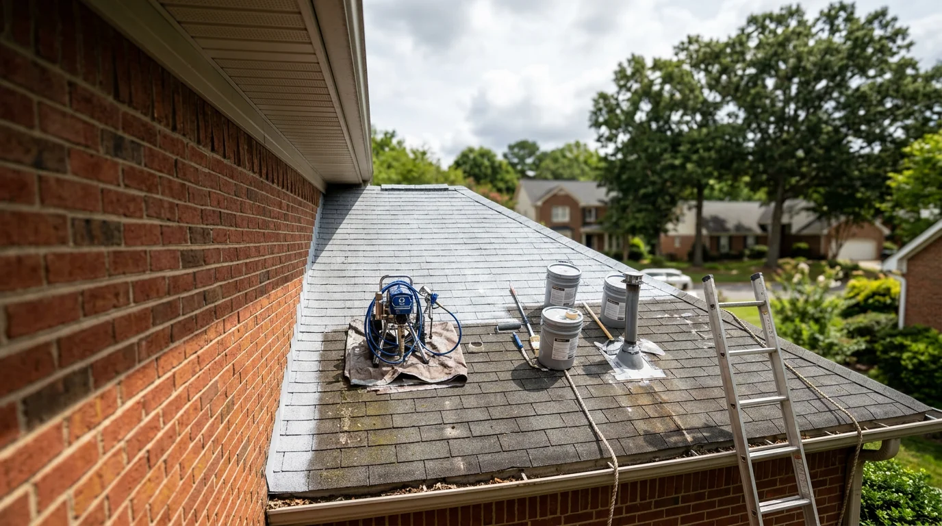 A restored residential roof in Charlotte, NC showing a uniform, weathertight surface with sealed flashing and consistent shingle coverage. The home sits in a typical Charlotte neighborhood with mature trees visible in the background.