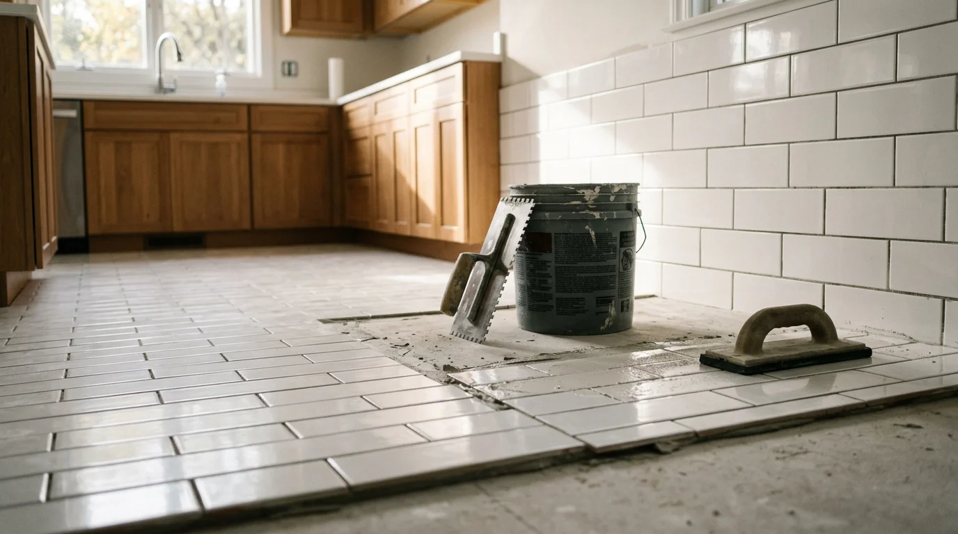 Freshly installed tile flooring in a Charlotte home kitchen, showing clean grout lines and a smooth, level surface. The tile runs from the entryway through to the main cooking area, reflecting natural light from a nearby window.