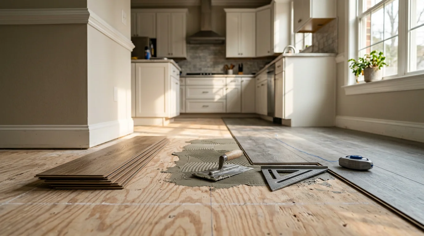 Freshly installed vinyl plank flooring in a Charlotte home, showing clean plank alignment and trim detail in a bright living room. The finished floor reflects the even, smooth surface achieved after professional subfloor preparation.